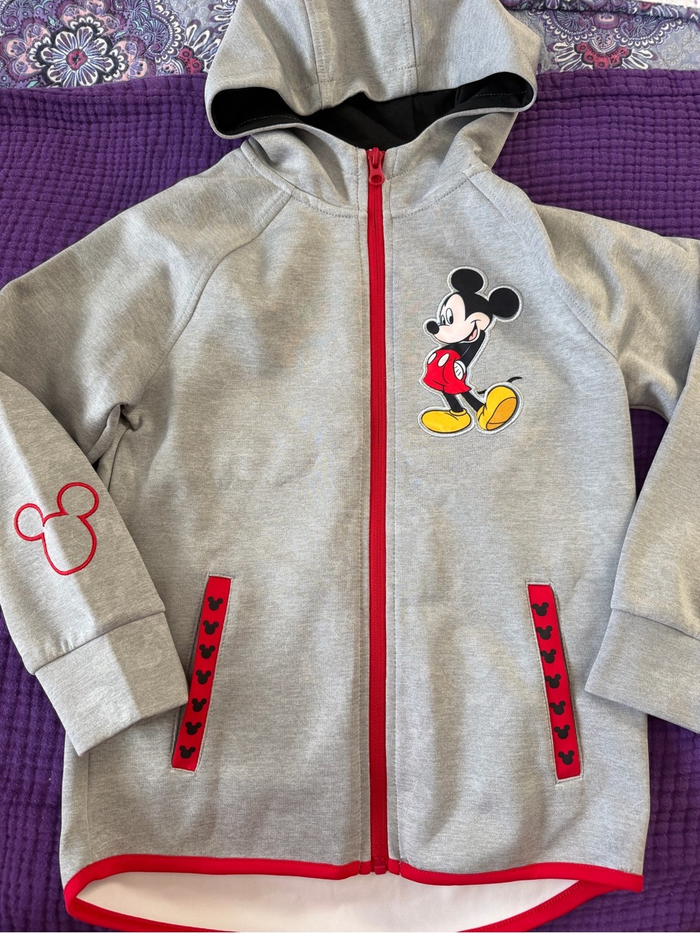 Disney Gray Mickey Mouse Hooded Zip Jacket with Red Trim